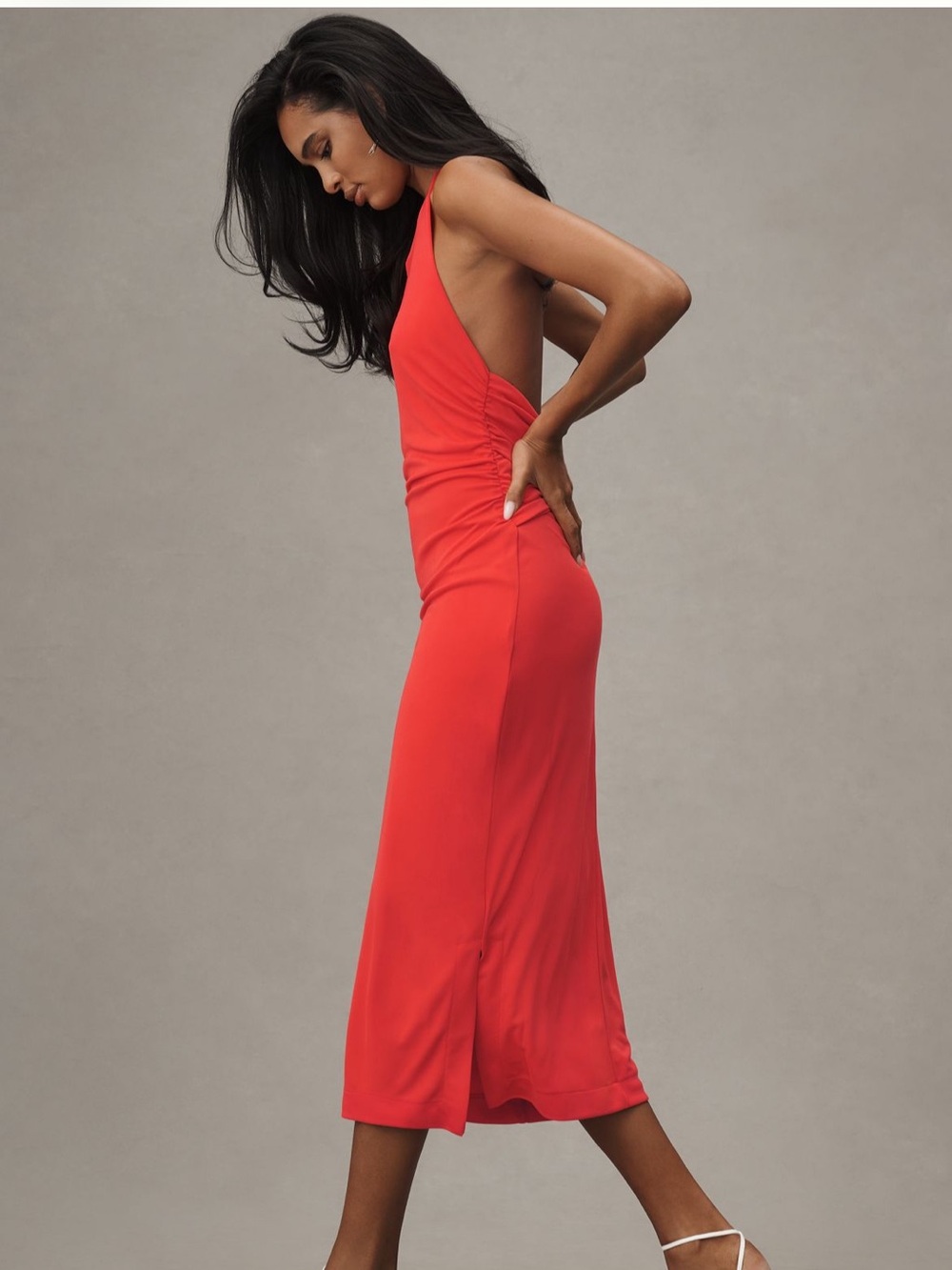 Cherry Tomato Ruched Halter Evening Dress